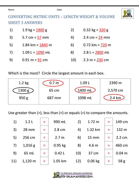 practice unit conversions worksheet answers metric system handout